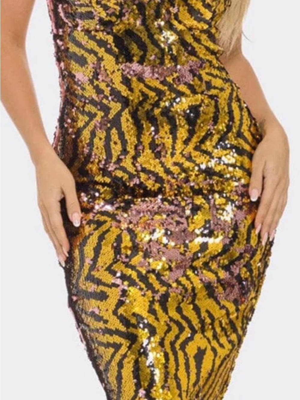 Sequin Zebra-Print Bodycon Dress in Gold and Pink